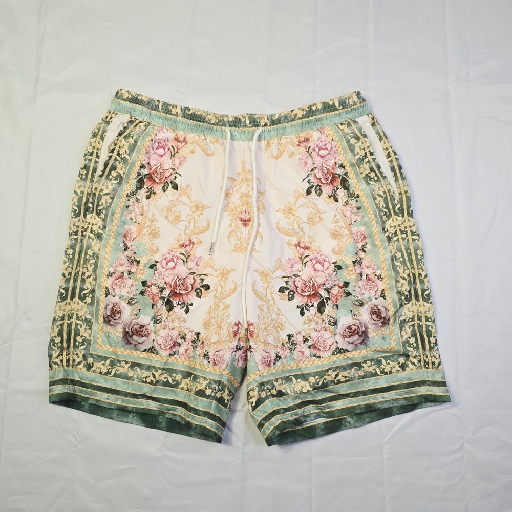 Manfinity Mens Floral Baroque Print Shorts Size Large Cream Green Pink K19